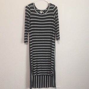 Gray, white, and black striped midi dress